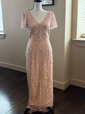 Adrianna Papell Blush Pink Beaded V-Neck Maxi Dress